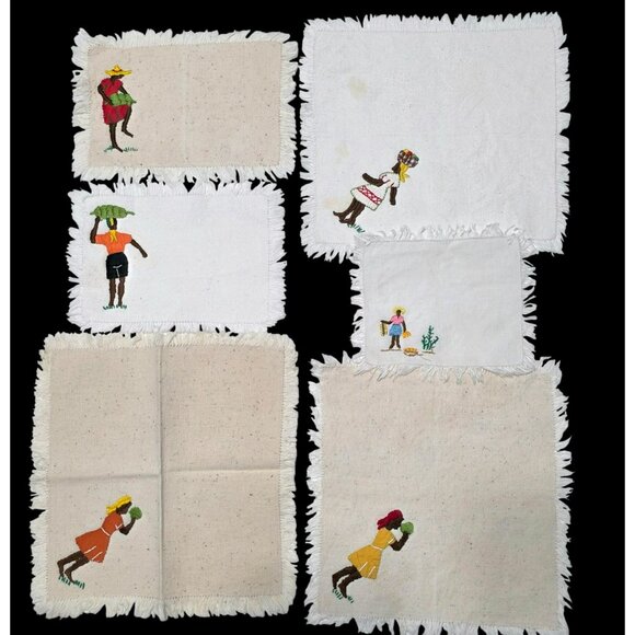 6 Vintage Caribbean Jamaican Napkins Embroidered Woman Man Basket Bananas Fringe - Picture 2 of 15